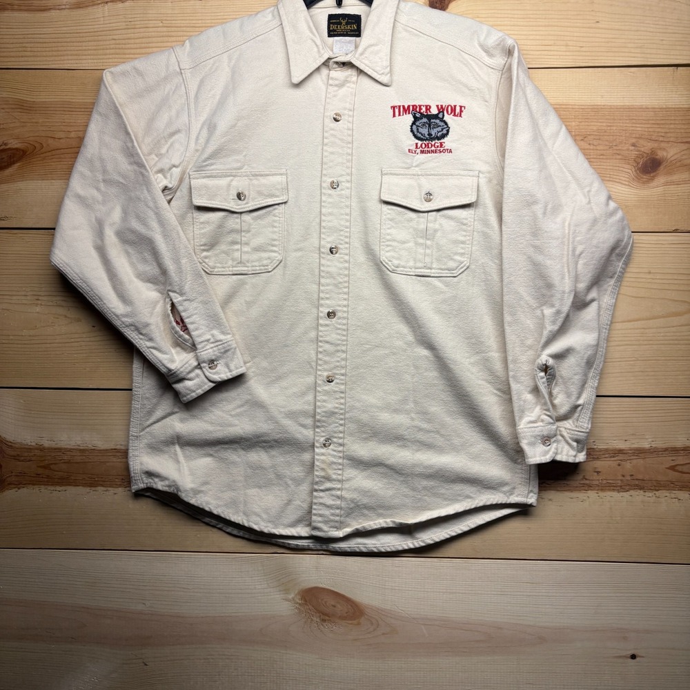 Vintage Timber Wolf Lodge Shirt Large White Long Sleeve Chamois Button Up Melton